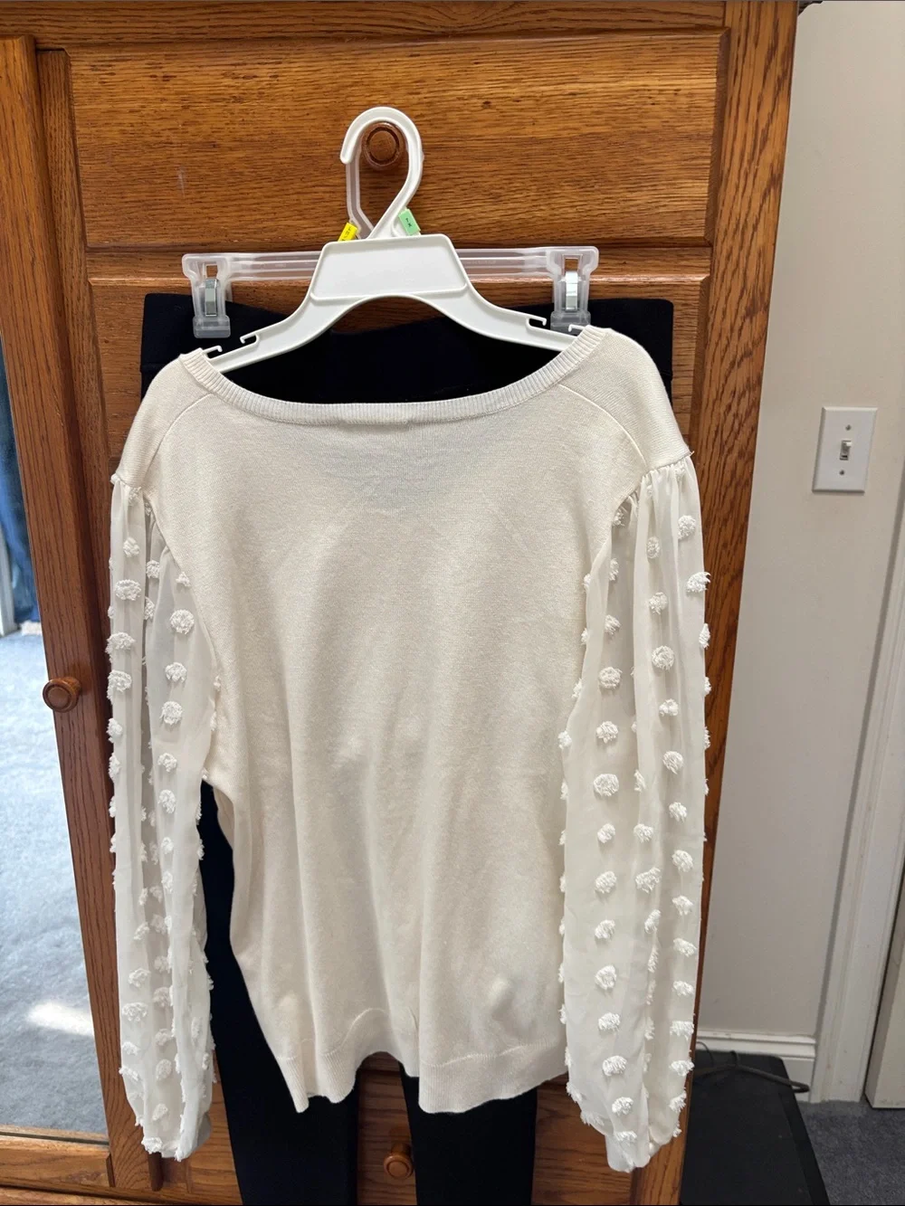 Adrianna Papell Cream V-Neck Sweater with Pom-Pom Sleeve Detail - Picture 5 of 5